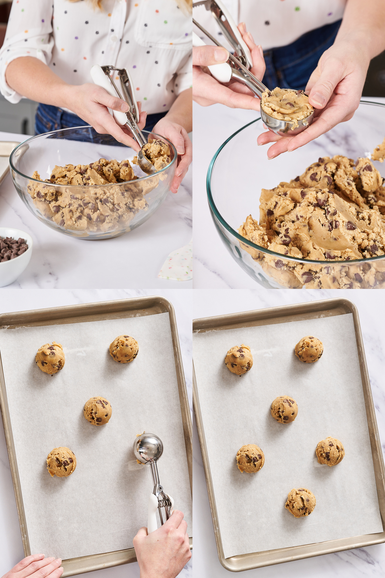 process shots showing step by step how to scoop cookie dough with a cookie scoop