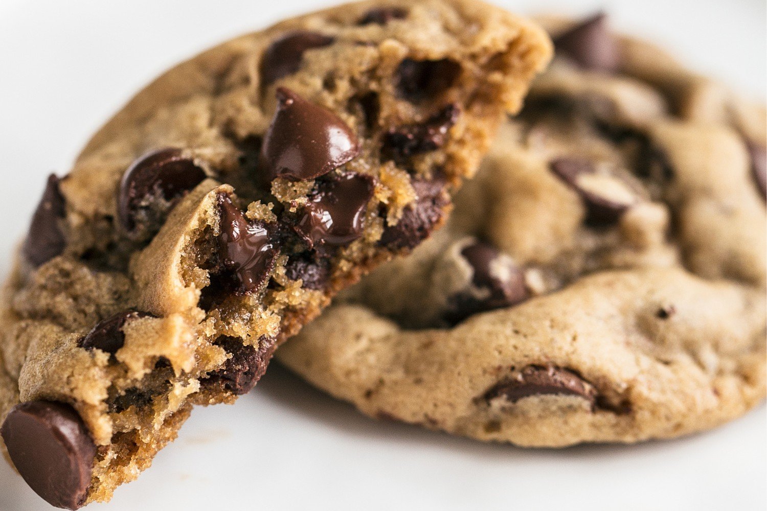 a cookie with melty chocolate chips, broken in half.