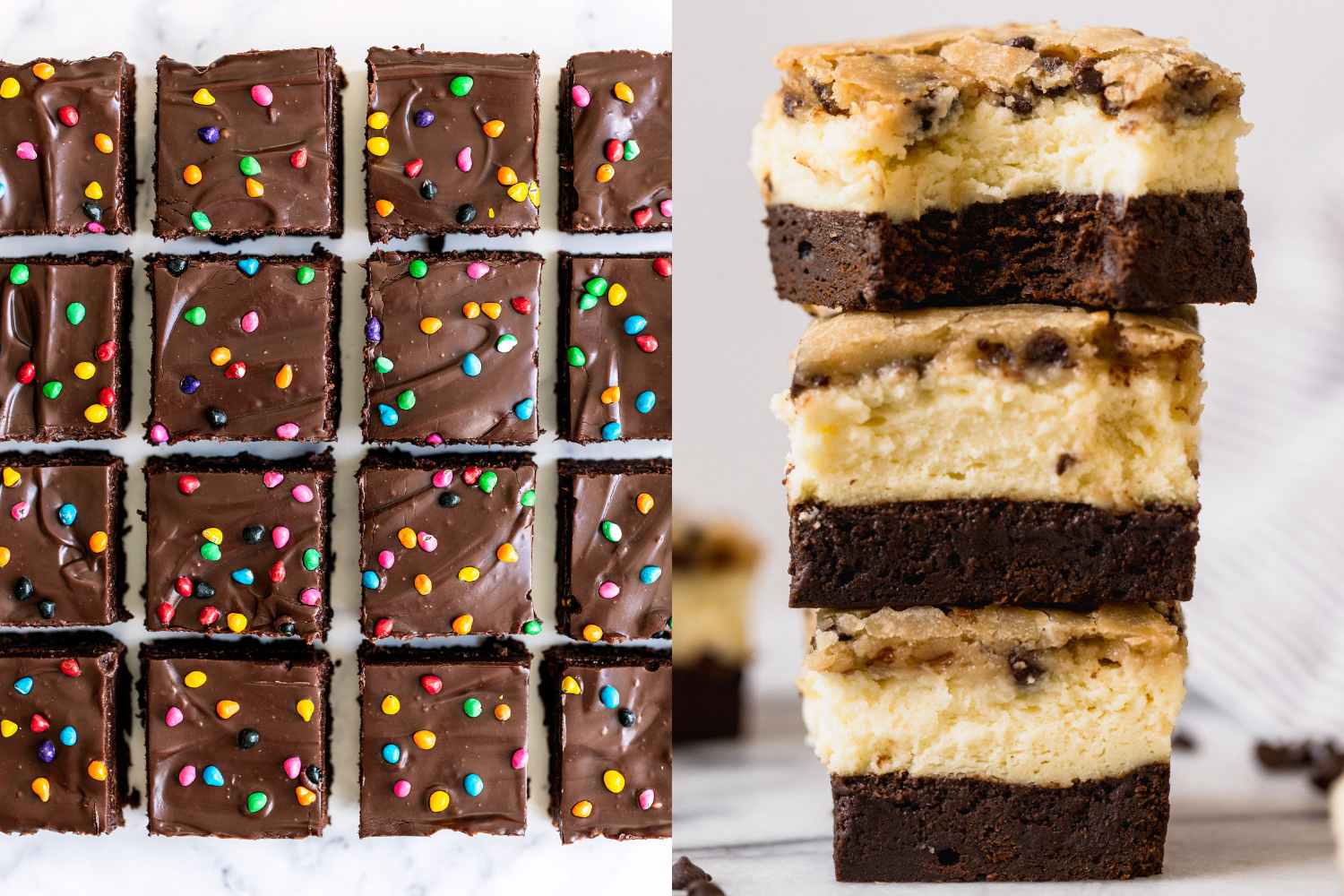 cosmic brownies next to a stack of brownie-bottomed cheesecake cookie bars.