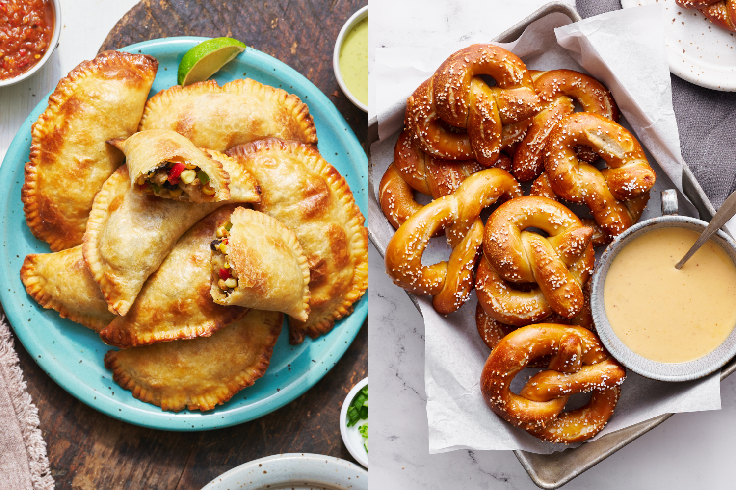 savory super bowl snack ideas: a pile of empanadas on a colorful plate, and a bunch of soft pretzels on a platter with a bowl of beer cheese dip next to it.