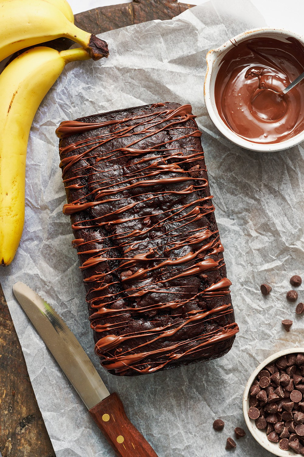 Full Loaf of Chocolate-Drizzled Double Chocolate Banana Bread