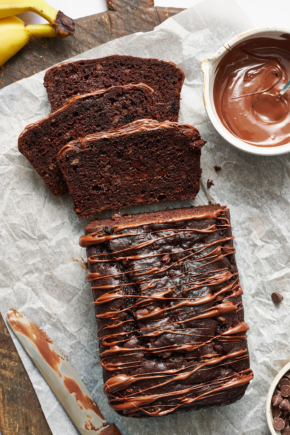 Chocolate-Drizzled Loaf of Chocolate Banana Bread