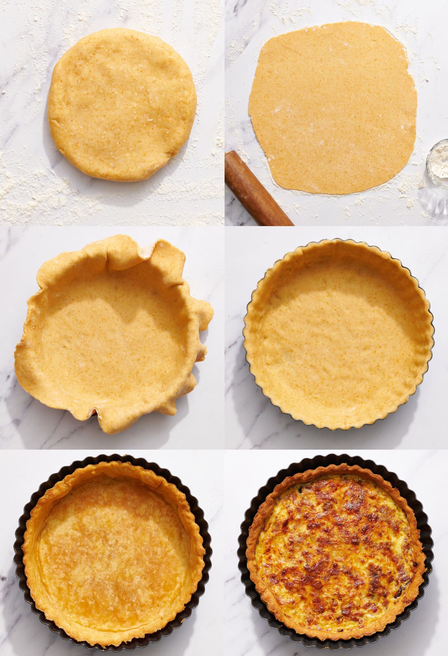 collage of six images showing the crust being rolled out, placed in the pan, par-baked, and filled/baked.