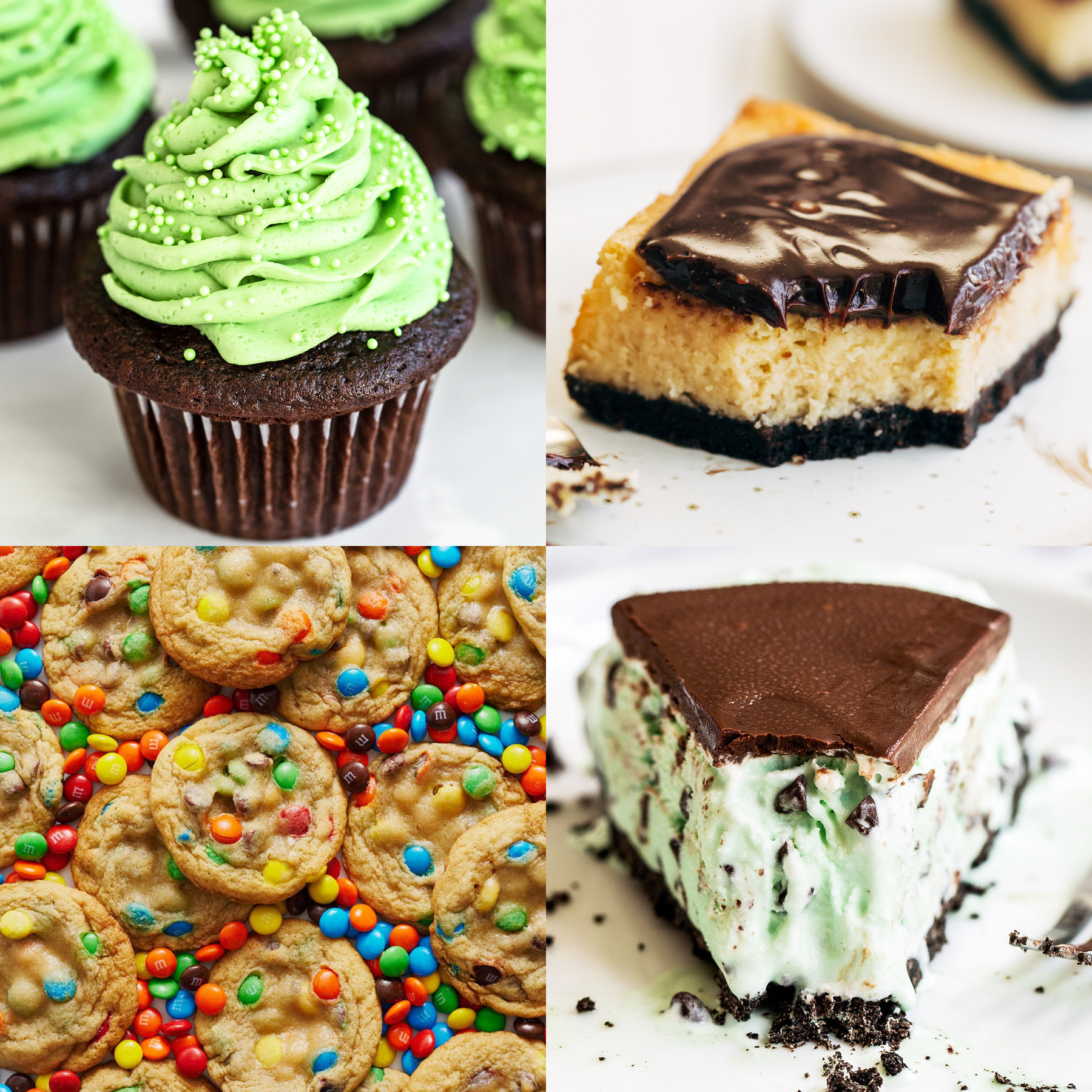 collage of four St. Patrick's Day dessert recipe photos, featuring a cupcake, a slice of cheesecake, cookies, and a slice of pie.