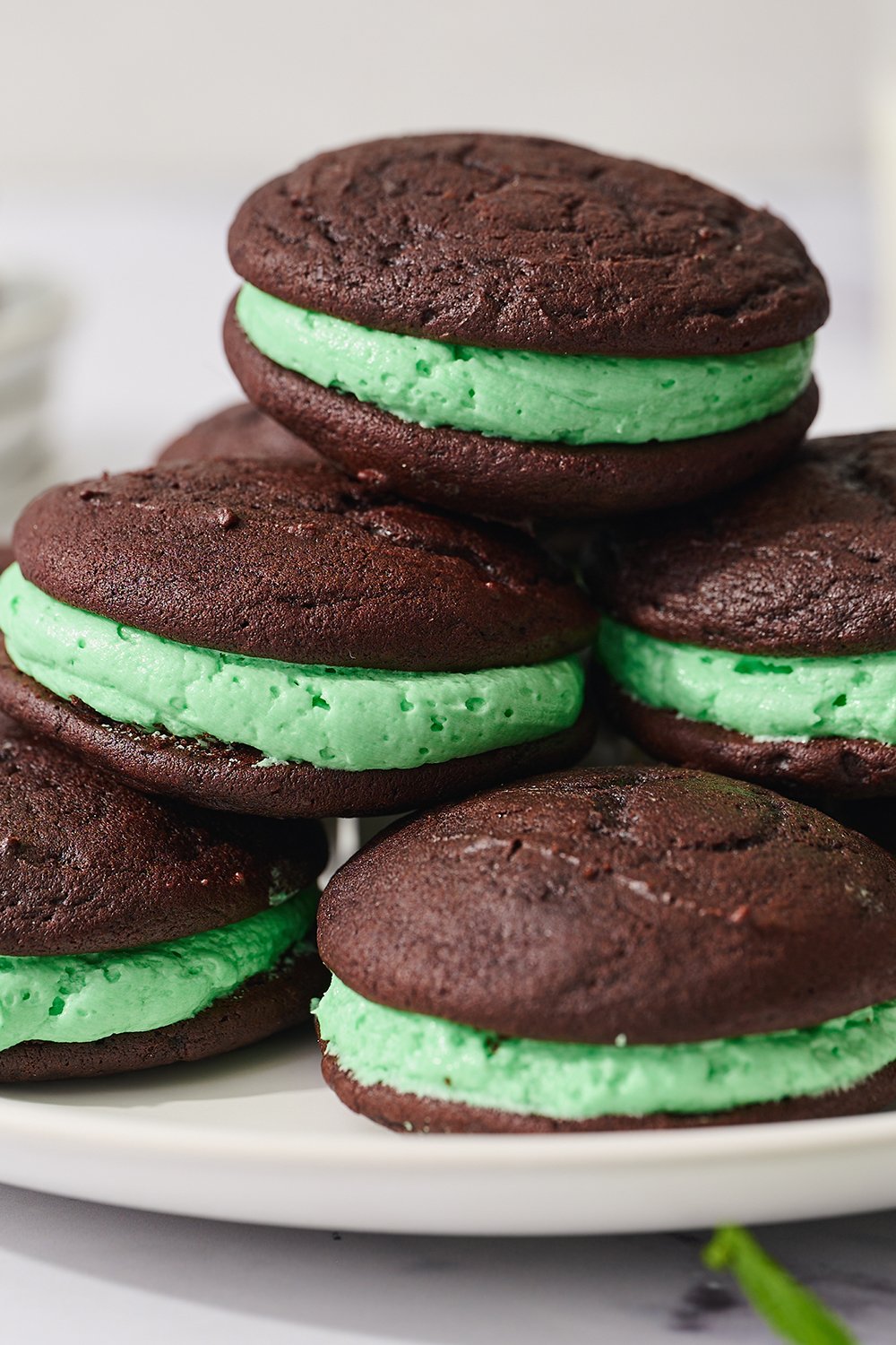 stack of homemade chocolate mint whoopie pies