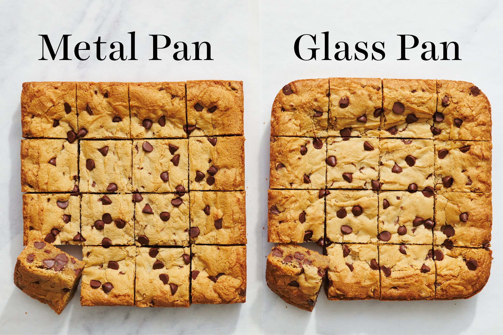 overhead of sliced blondies baked in a metal pan vs. a glass pan