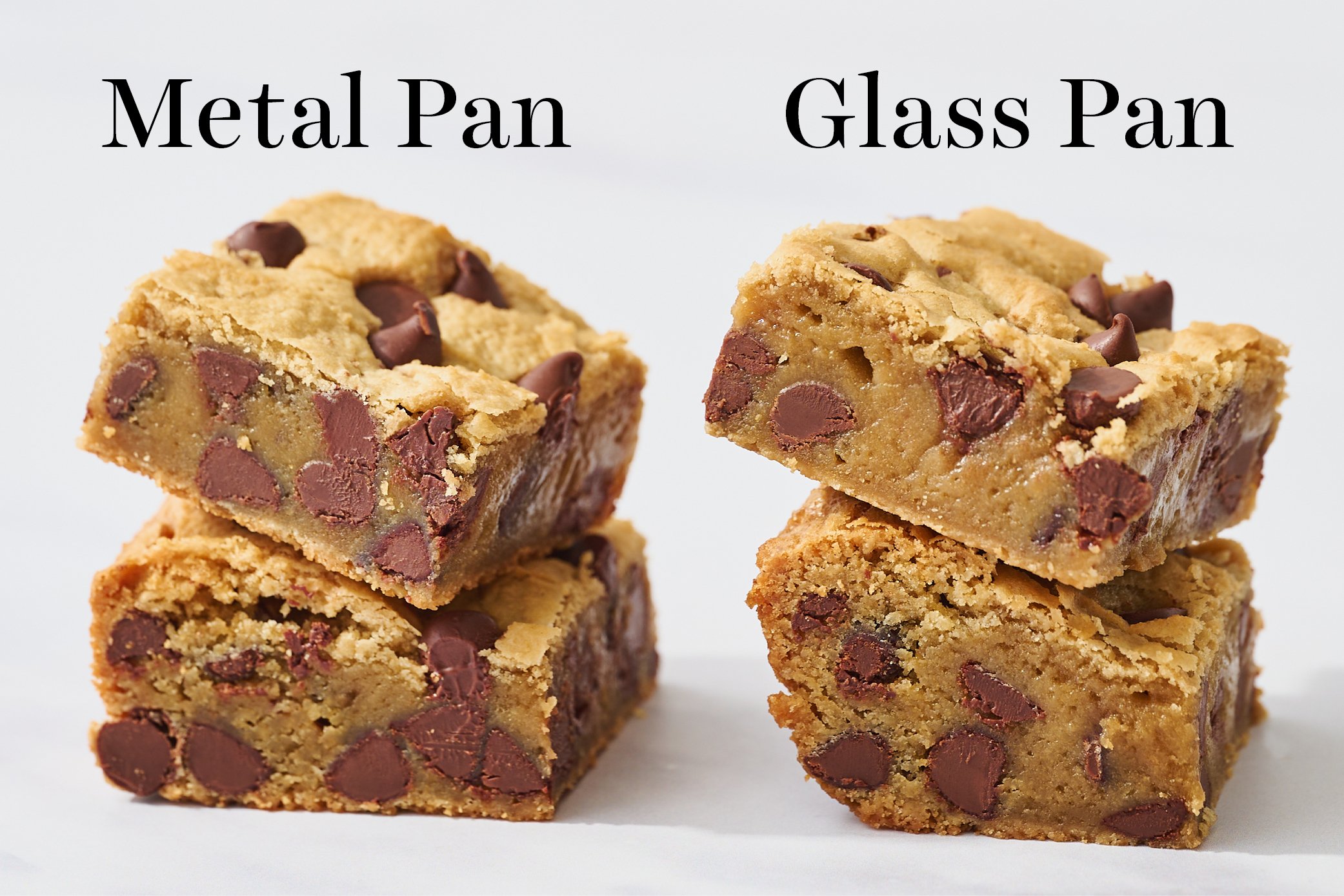 metal pan vs glass pan comparison of stack of blondies