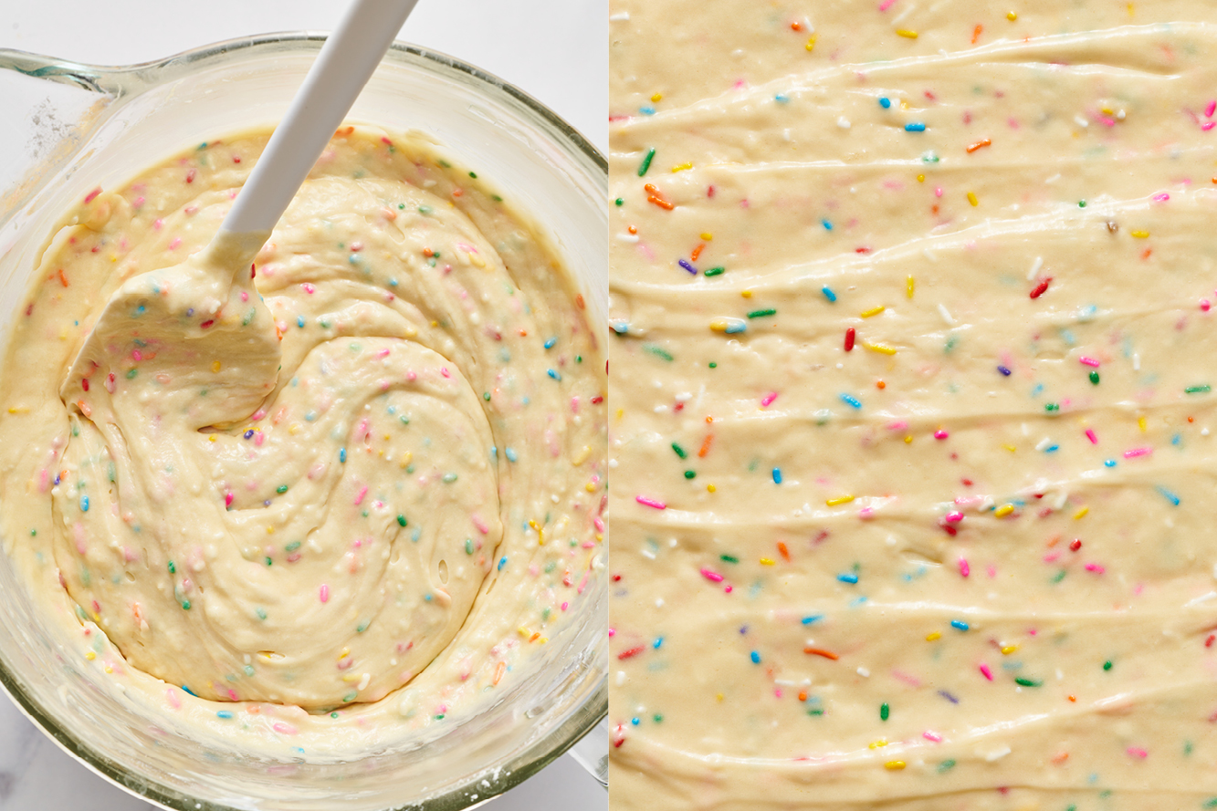 two side-by-side pictures; one of the bowl of funfetti cake batter, and the other of the batter in the cake pan, ready to bake.