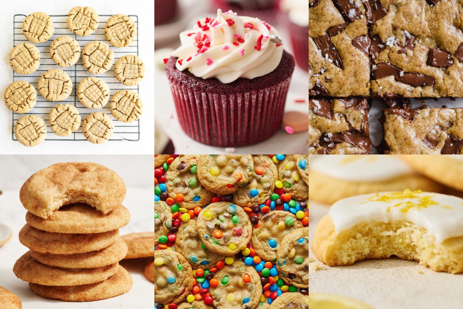a collage of 6 easy recipes: peanut butter cookies, red velvet cupcakes, blondies, snickerdoodles, M&M cookies, and lemon cookies.