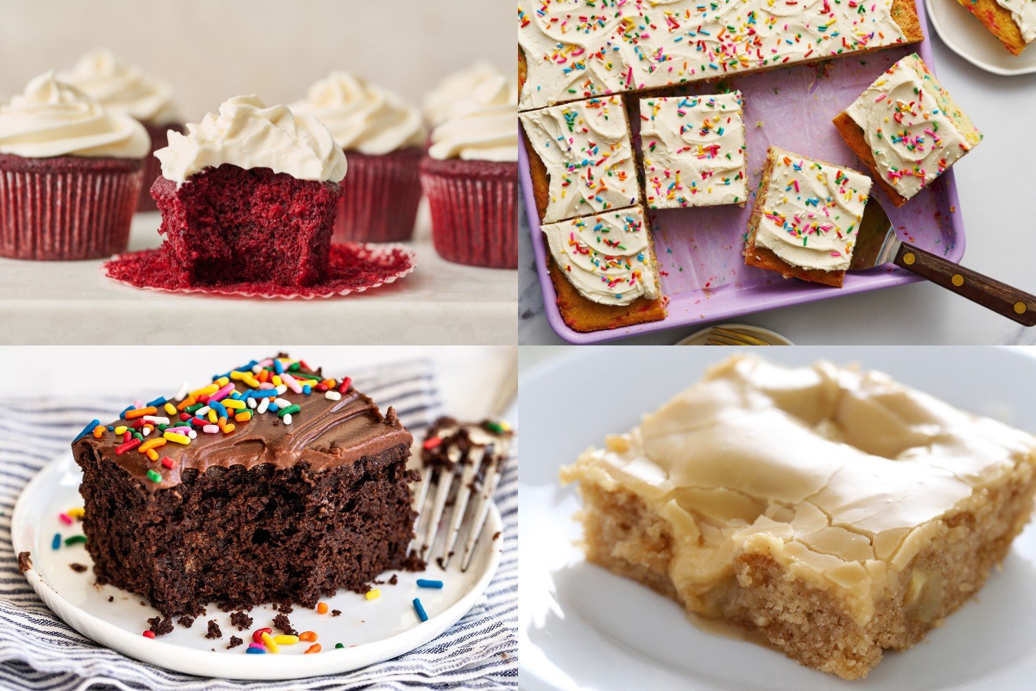 collage of four easy cake recipes: red velvet cupcakes, funfetti sheet cake, chocolate sheet cake, and caramel apple sheet cake.