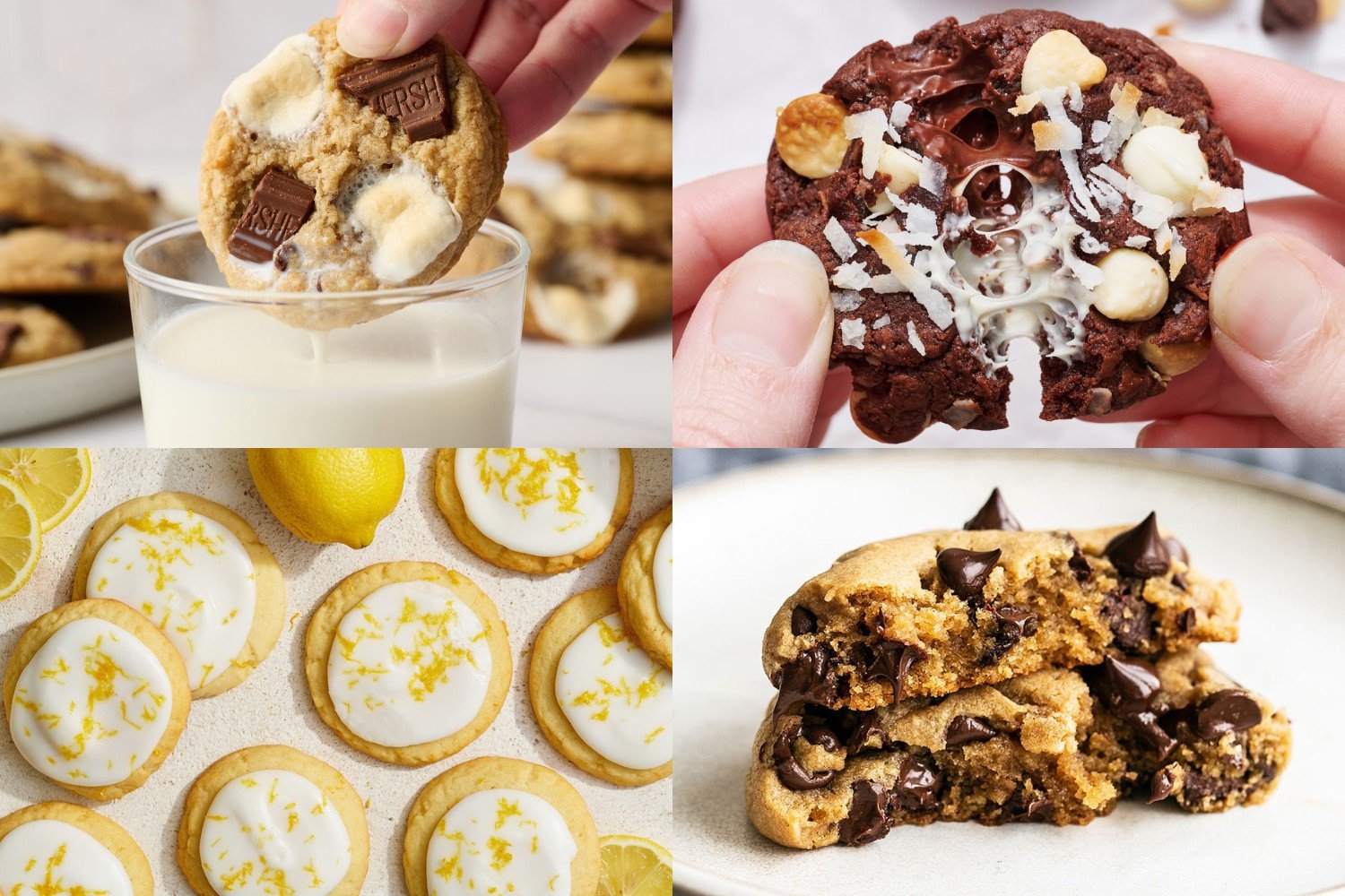 four easy cookie recipes: s'mores cookies, chocolate coconut cookies, glazed lemon cookies, and peanut butter chocolate chip cookies.