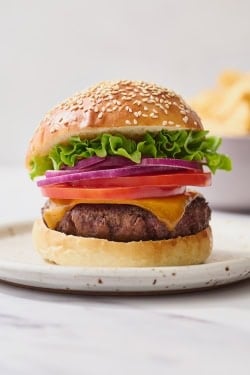 homemade burger with meat patty, cheese, tomato, red onion, lettuce, and bun
