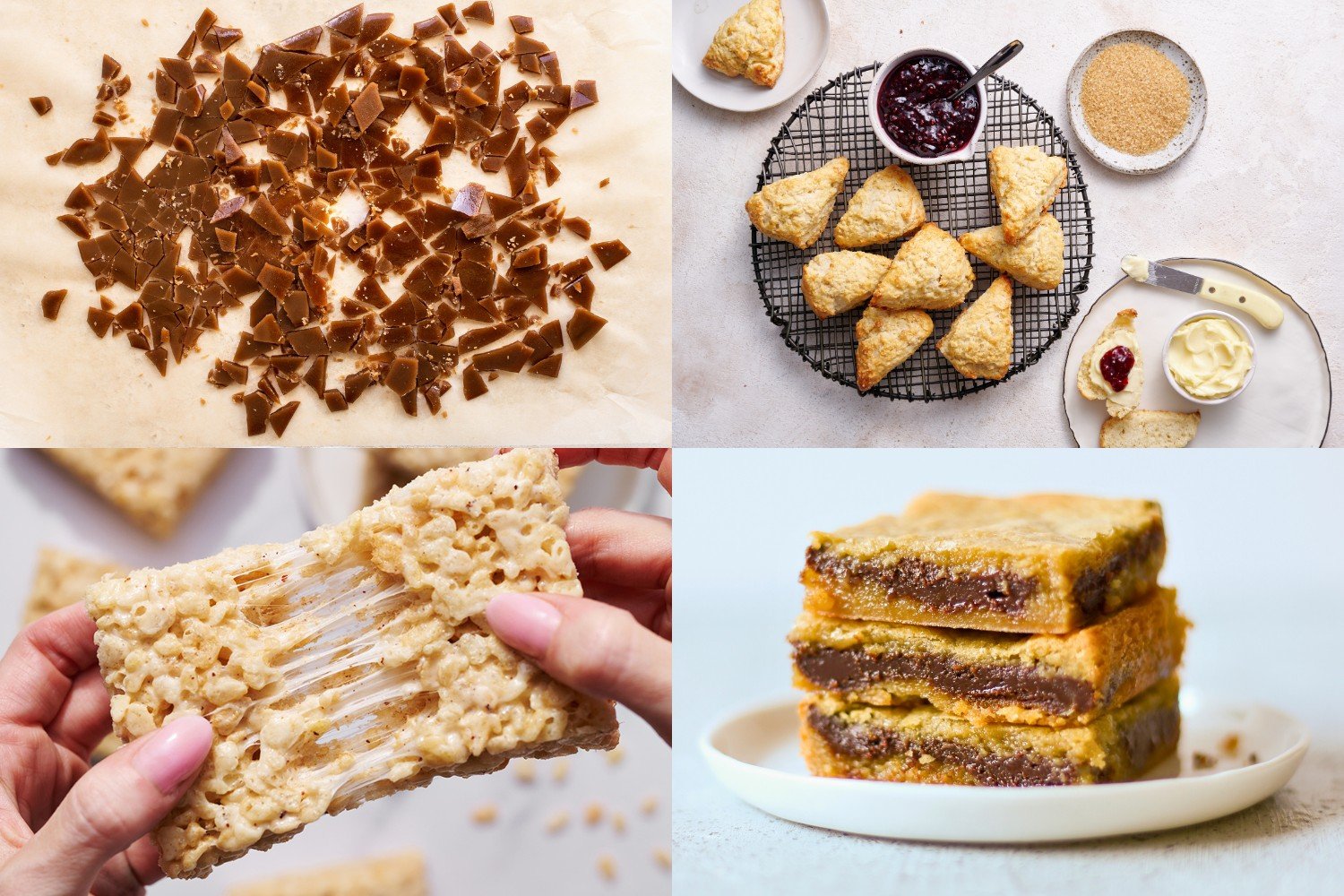 four easy dessert recipes, consisting of toffee bits, scones, rice crispy treats, and fudge-filled blondies.