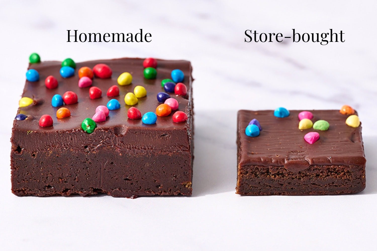 a homemade cosmic brownie on the left next to a flatter, sadder store-bought cosmic brownie on the right