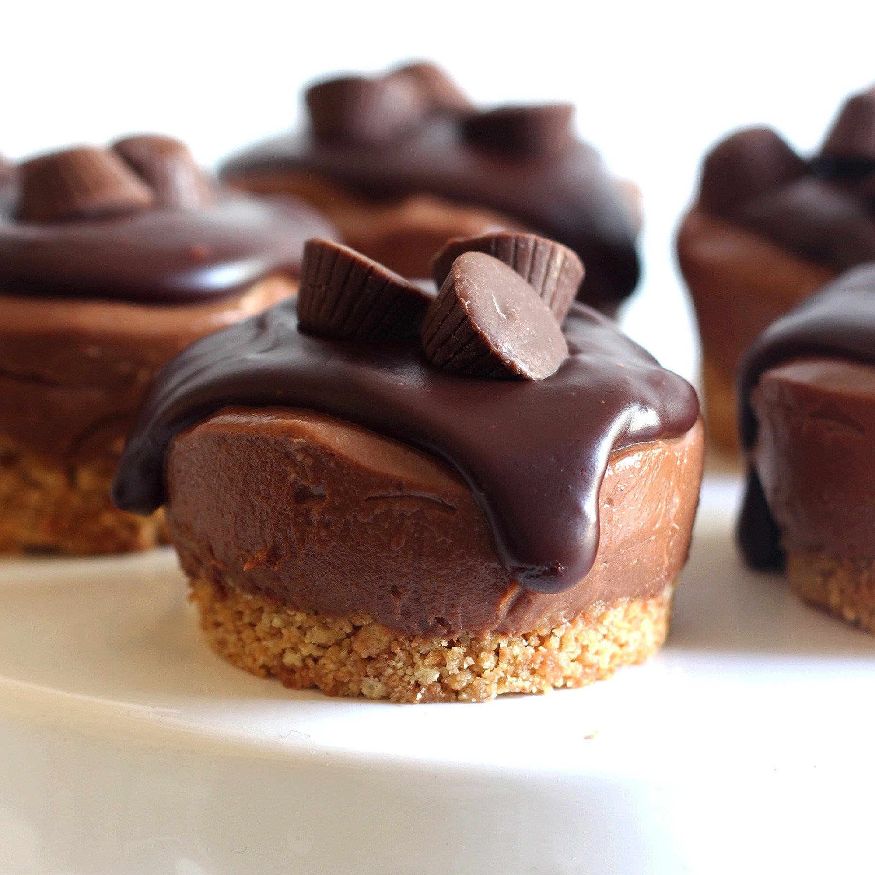 five No Bake Mini Peanut Butter Cheesecakes on a cake stand