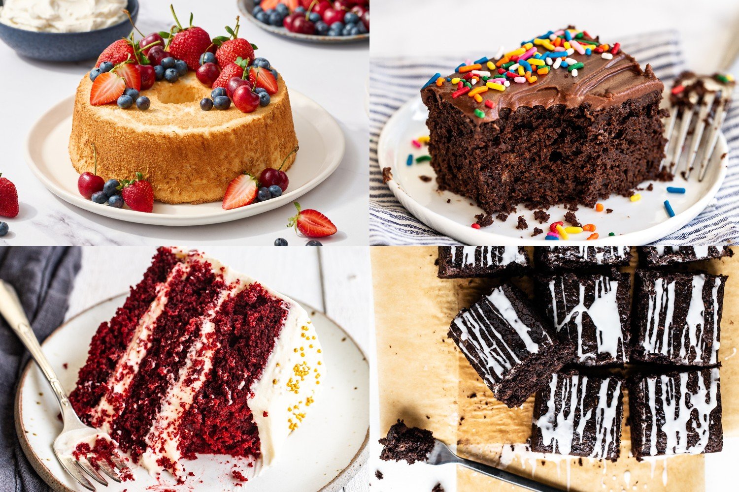 four cake images: angel food cake topped with berries, a slice of chocolate sheet cake, a slice of red velvet cake, and a whole slab of chocolate zucchini cake.