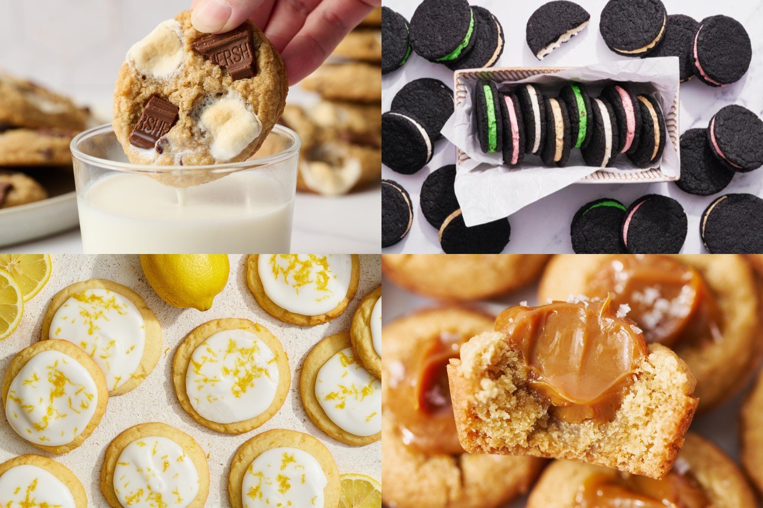 collage of four summer cookie recipes: s'mores cookies, homemade oreos, glazed lemon cookies, and dulce de leche cookie cups.