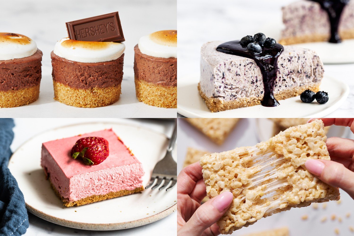 four no-bake desserts: s'mores mini cheesecakes, frozen blueberry pie, strawberry cheesecake bars, and rice crispy treats.