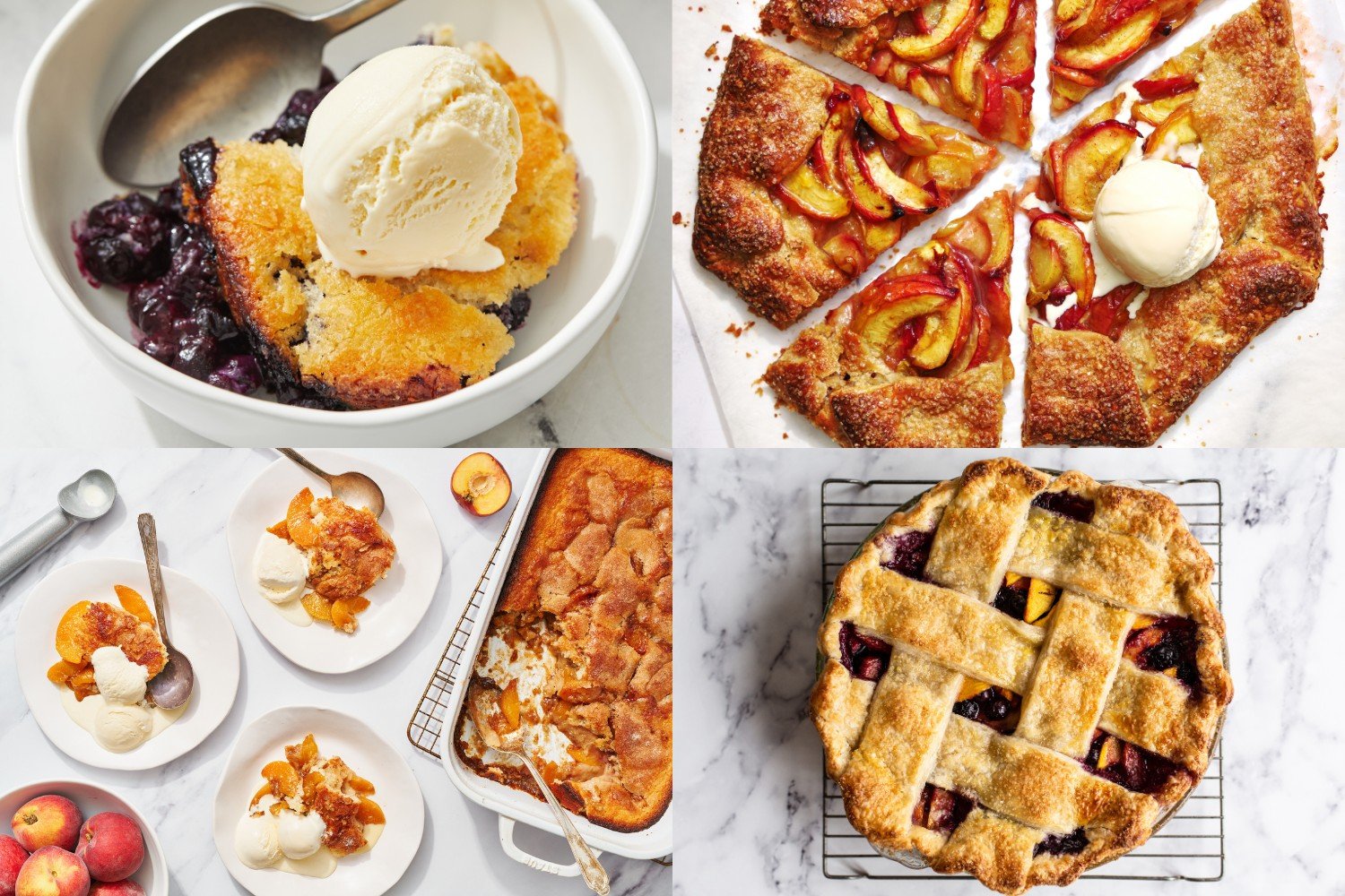 four side-by-side images of summer pies and cobblers: blueberry cobbler, peach galette, peach cobbler, and blueberry peach pie.