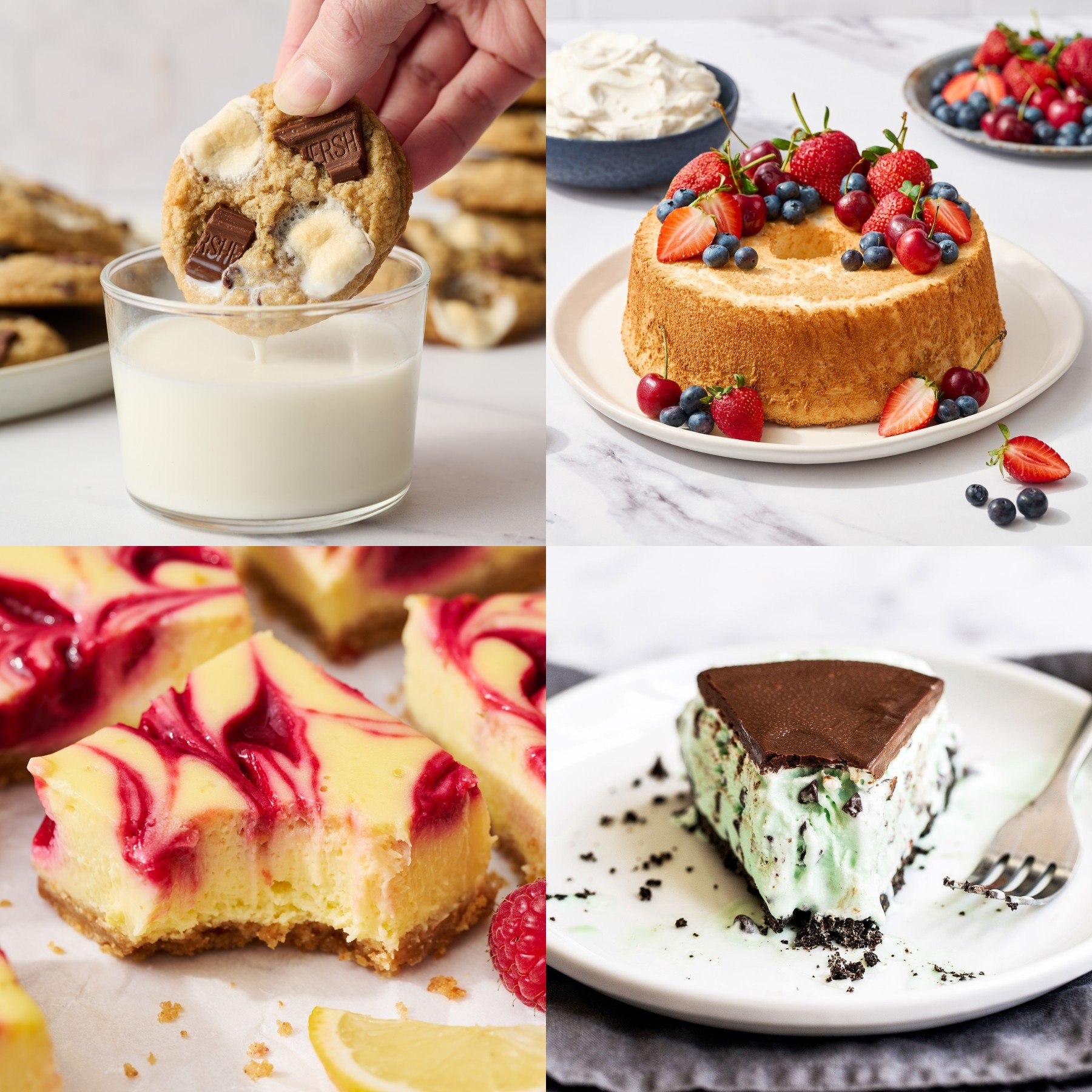 four easy summer bakes: s'mores cookies, angel food cake with berries, lemonade raspberry cheesecake bars, and frozen mint chip pie.