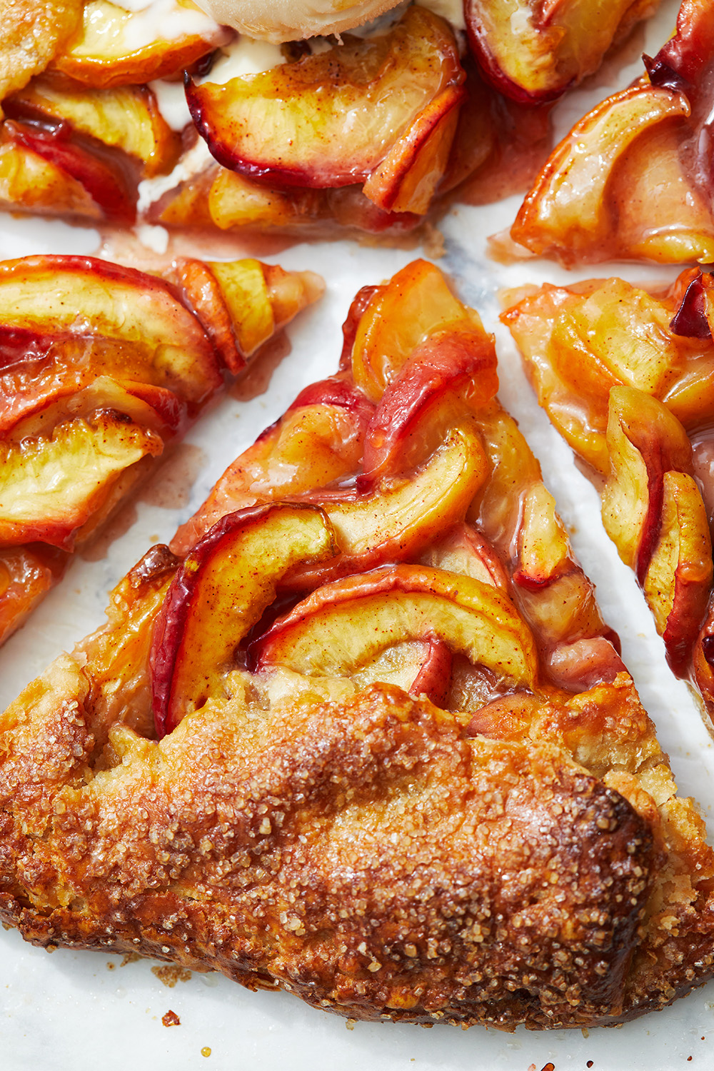 close-up of a slice of peach galette