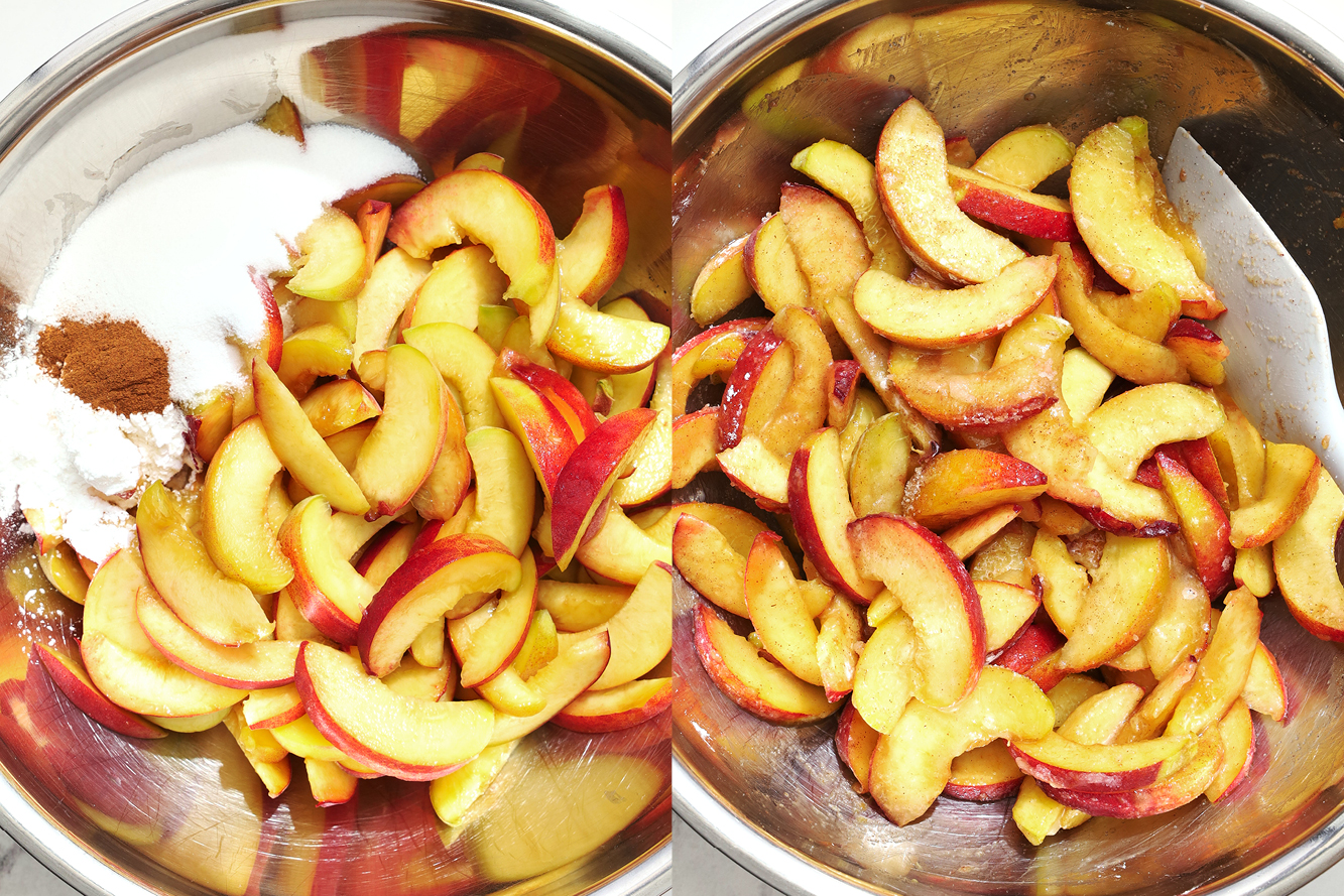 two photos side-by-side showing the peach filling ingredients being mixed together