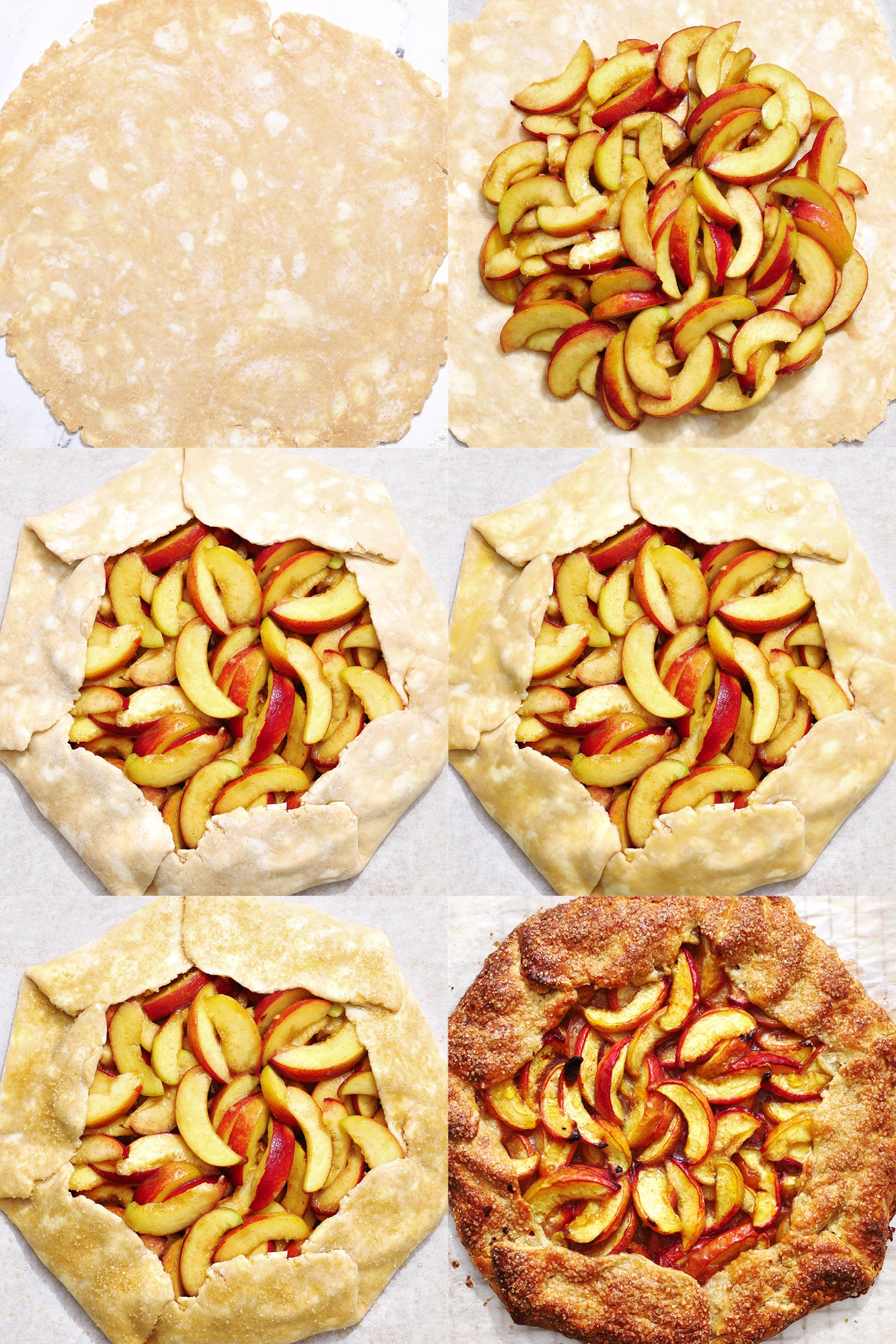 collage of 6 step-by-step photos showing how to assemble and finish peach galette
