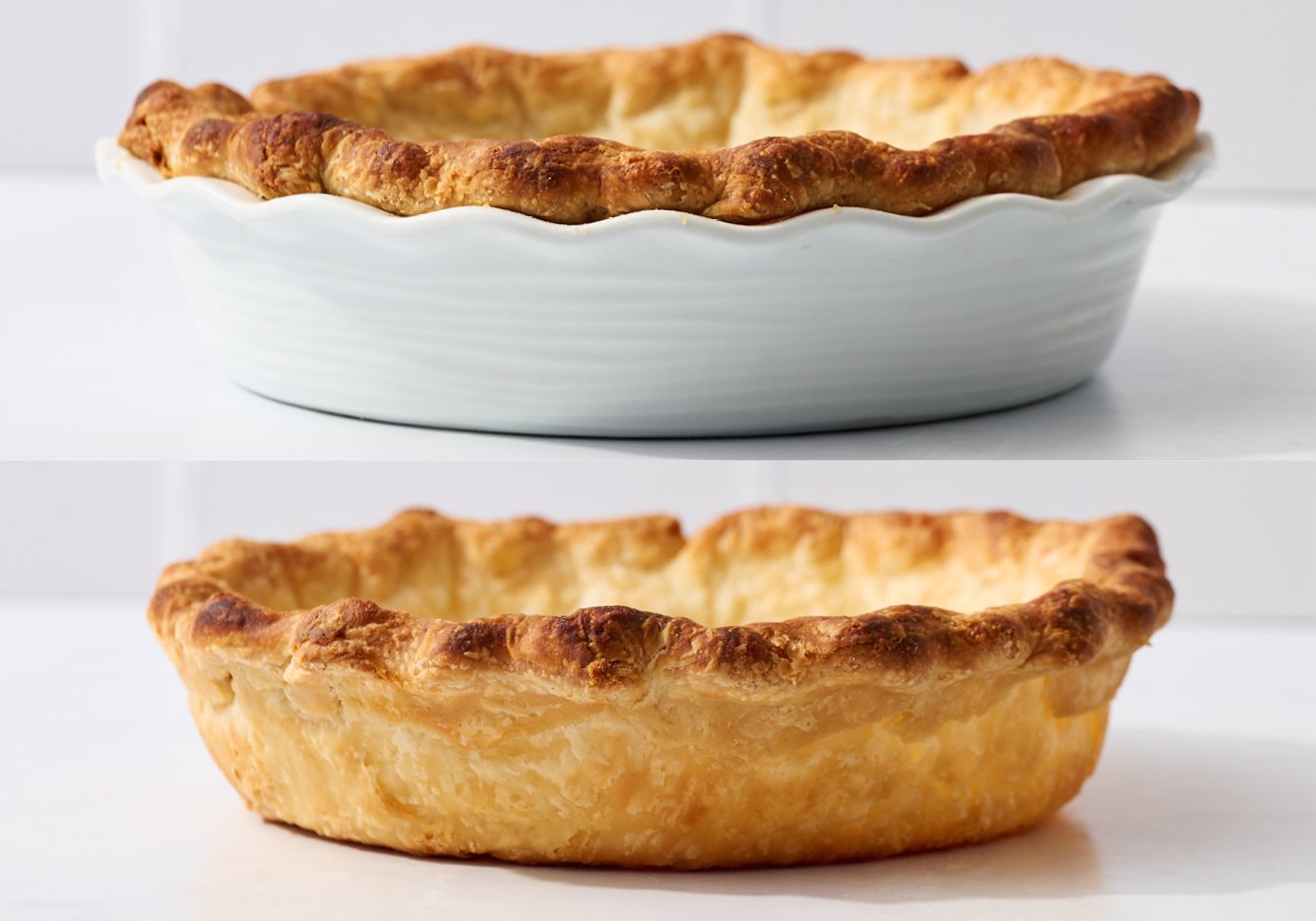 pie crust baked in a ceramic pie pan