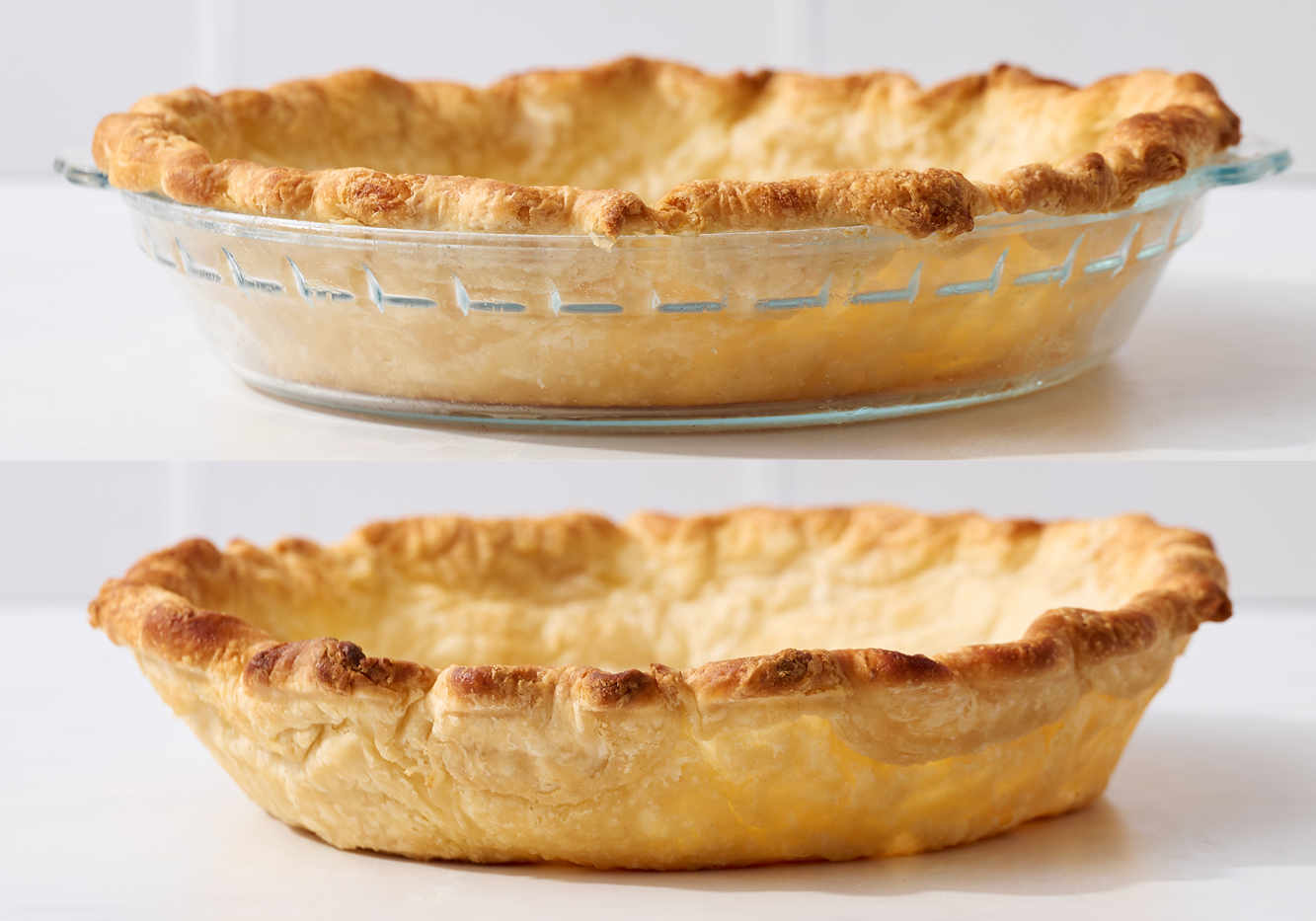 pie crust baked in a glass pie pan