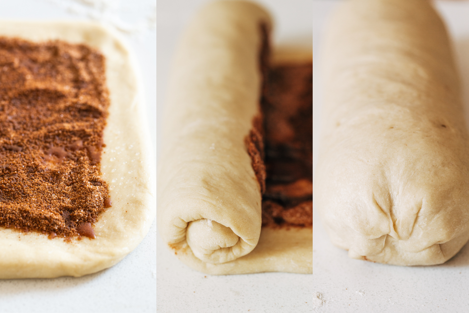 three side-by-side images demonstrating how to roll up this cinnamon swirl bread before its second proof and baking.
