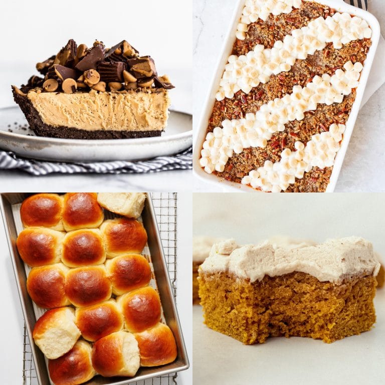 collage of four Friendsgiving recipes: a peanut butter pie, sweet potato casserole, hawaiian bread rolls, and pumpkin bars with brown sugar frosting.