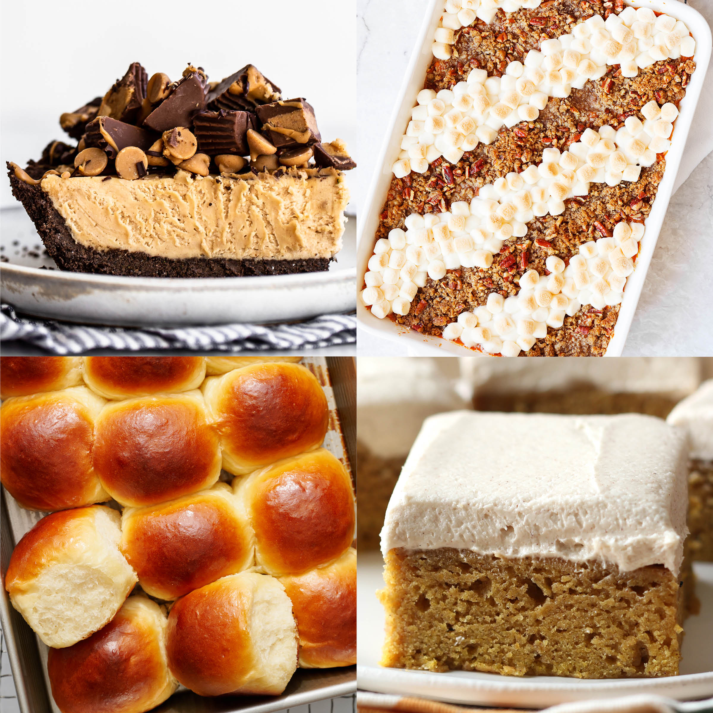 collage of a peanut butter pie, sweet potato casserole, hawaiian bread rolls, and pumpkin bars with brown sugar frosting