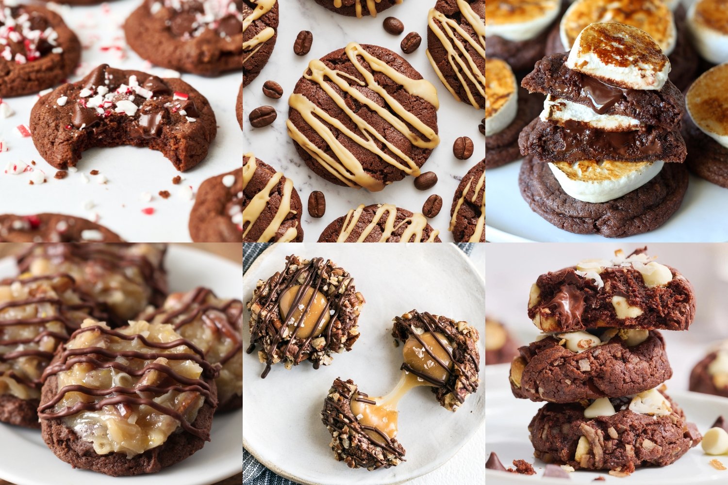 six different chocolate Christmas cookie recipes in a collage: mint, espresso martini, hot cocoa, German, turtle, and coconut.