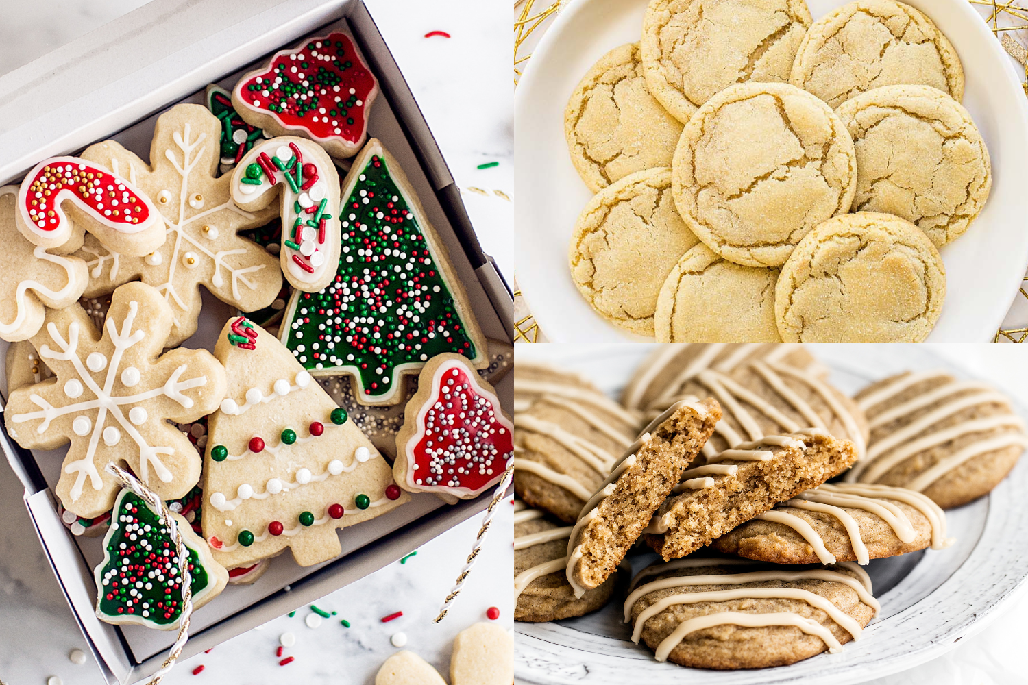 a collage of christmas cut-out sugar cookies, next to soft and chewy sugar cookies, and chai sugar cookies.