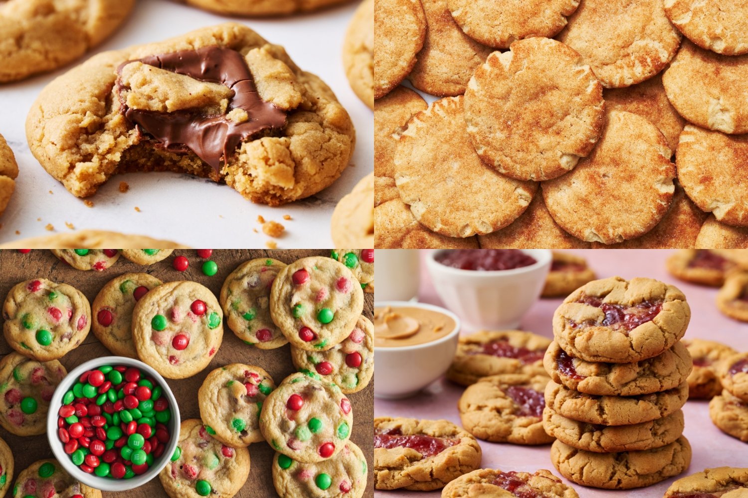 four easy Christmas cookie recipes: peanut butter Nutella, Snickerdoodles, soft M&M cookies, and peanut butter and jelly cookies.