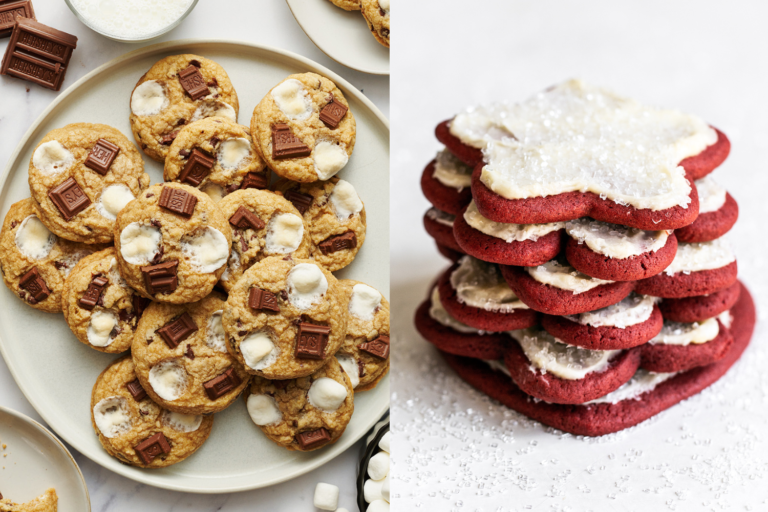 s'mores cookies on a plate, next to a stack of star-shaped red velvet cookies with cream cheese frosting.