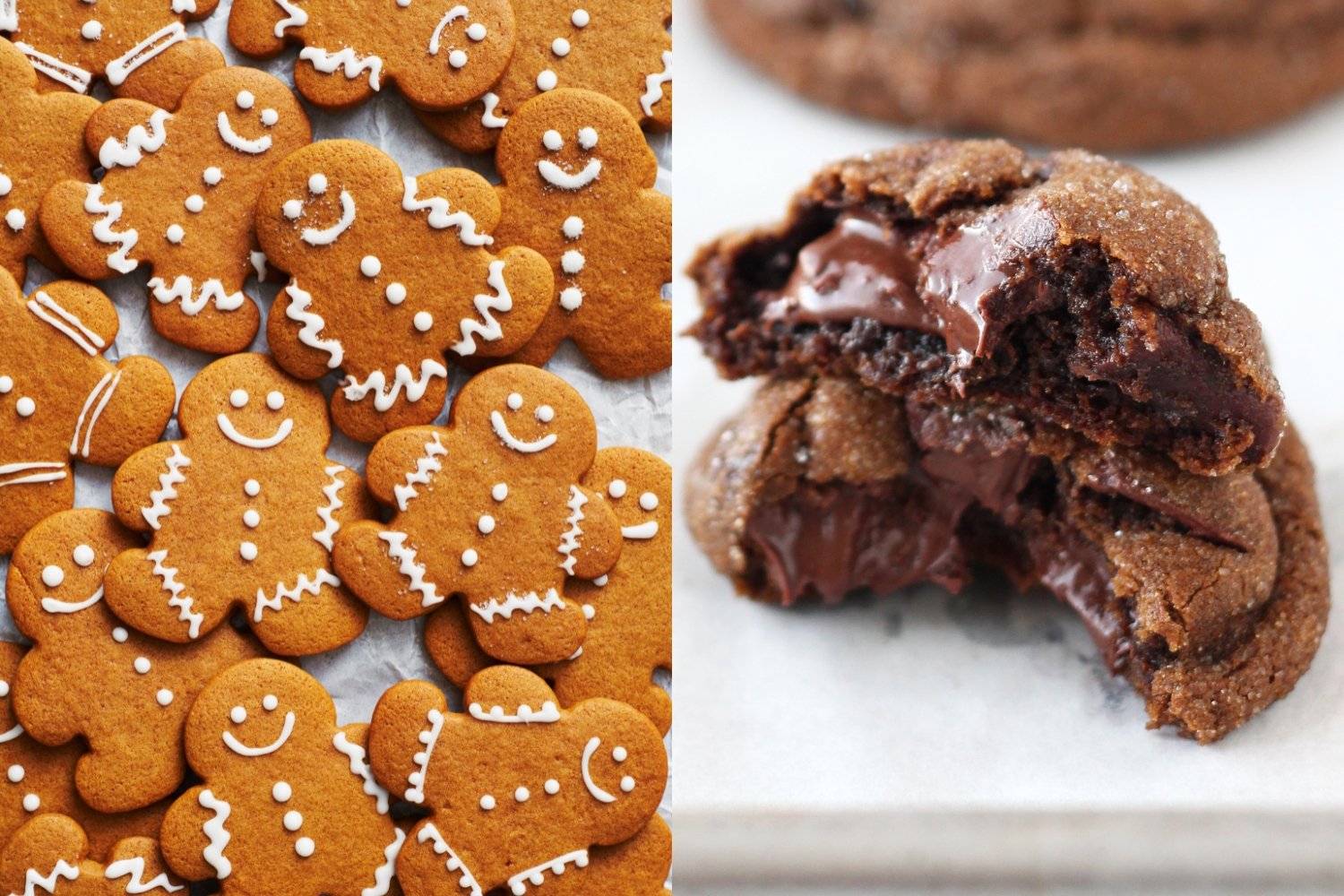 gingerbread men scattered on a countertop, next to a stack of chewy chocolate gingerbread cookies.