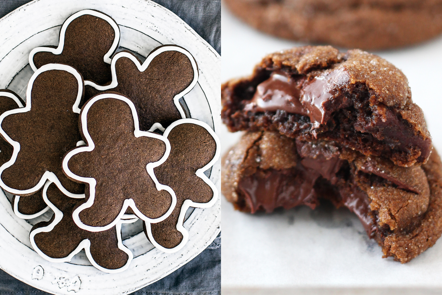 gingerbread men on a plate, next to a stack of chewy chocolate gingerbread cookies.