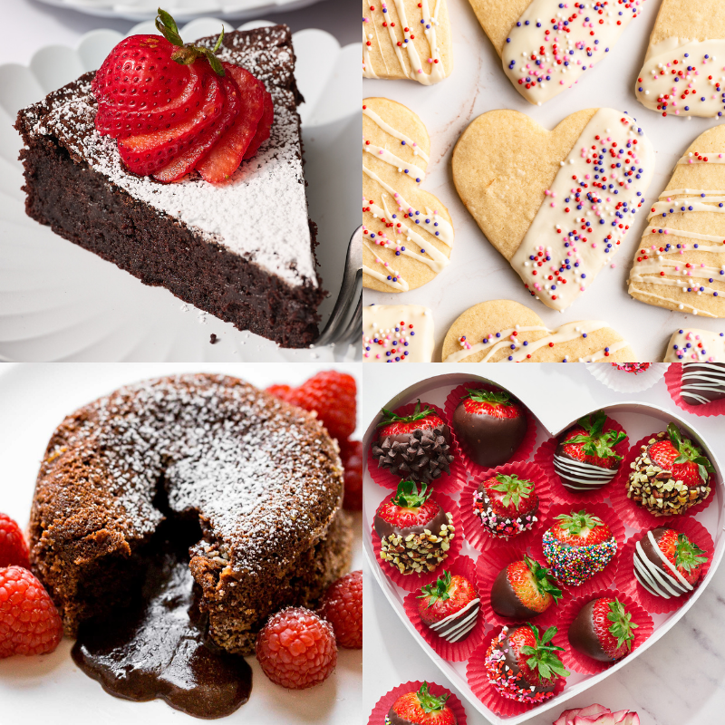 a collage of four Valentine's Day desserts: a slice of flourless chocolate cake with a strawberry on top, an array of heart-shaped cut-out sugar cookies, a chocolate lava cake with melty chocolate pouring from it, and a heart-shaped red box filled with chocolate-covered strawberries.