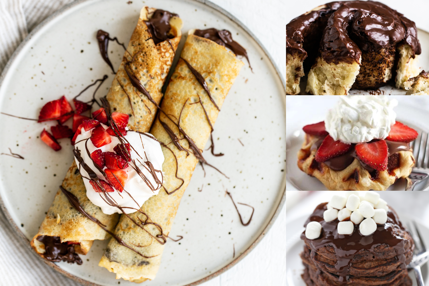 a large image of two crepes drizzled with chocolate and topped with whipped cream, next two three stacked smaller images: a chocolate cinnamon roll, a stack of Liege waffles, and a stack of chocolate pancakes with mini marshmallows on top.