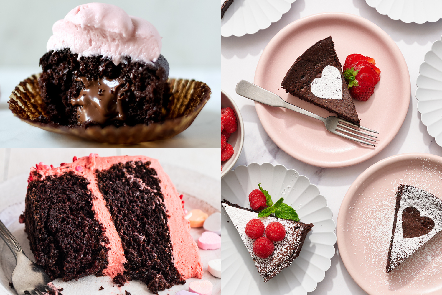 three images: one Nutella-stuffed chocolate cupcake topped with raspberry frosting, above a chocolate layer cake iced in strawberry frosting, next to a few plates of slices of flourless chocolate topped with fresh berries.