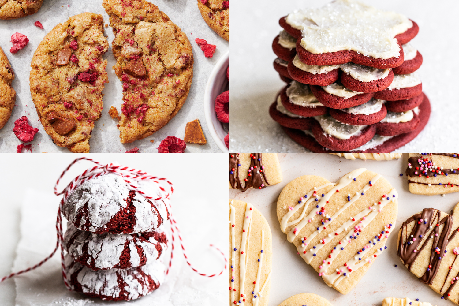 four cookie images: caramelized white chocolate raspberry cookies, next to a stack of red velvet cut-out cookies with cream cheese frosting, above a stack of red velvet crinkle cookies, next to several heart-shaped cut-out sugar cookies drizzled with white chocolate and topped with sprinkles.