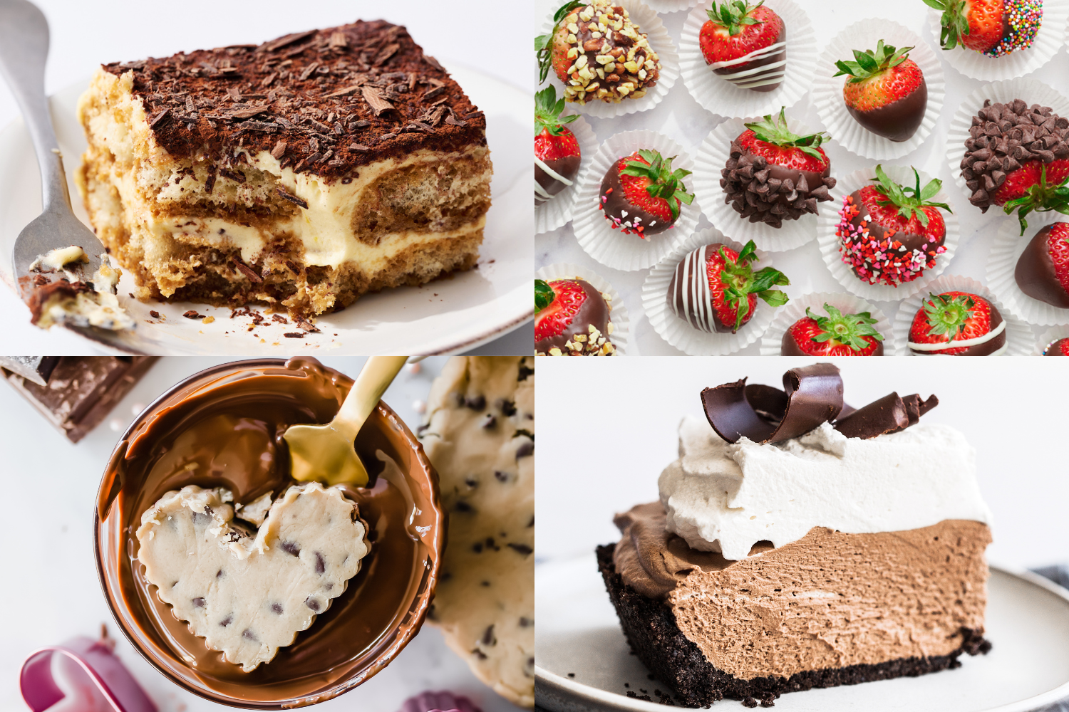 Valentine's Day dessert ideas: a slice of tiramisu, next to an assortment of chocolate-covered strawberries, then a cookie dough heart being covered in chocolate, and finally a slice of French Silk Pie with whipped cream and chocolate curls on top.