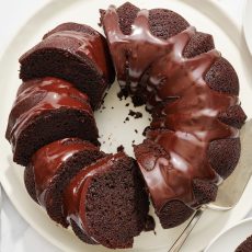 slices of homemade chocolate bundt cake on a serving platter