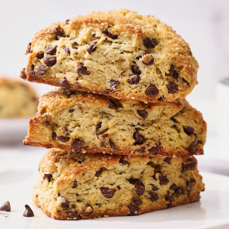 stack of three homemade chocolate chip scones