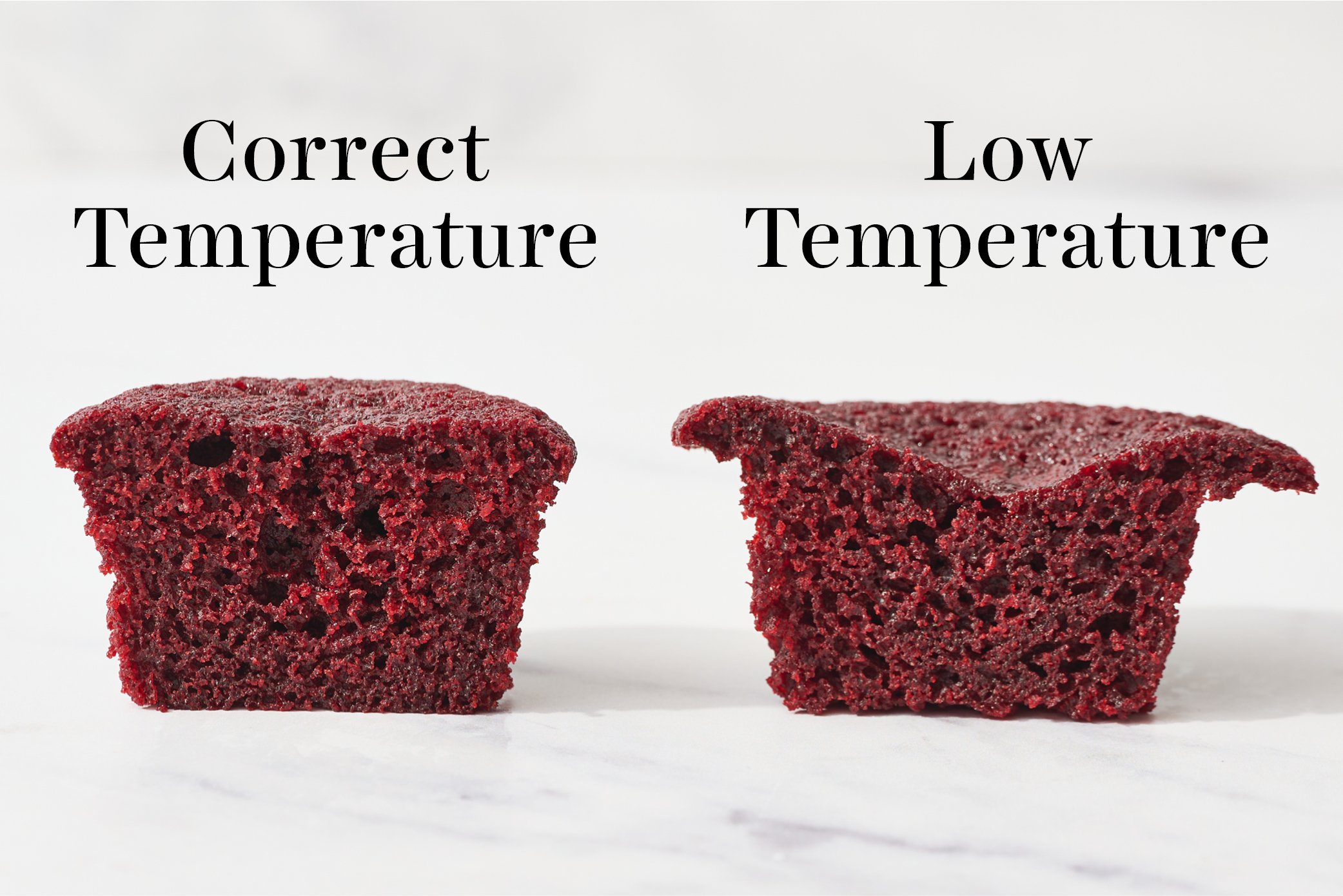 side-by-side comparison between cupcakes baked at the correct temperature vs. the incorrect low temperature. 