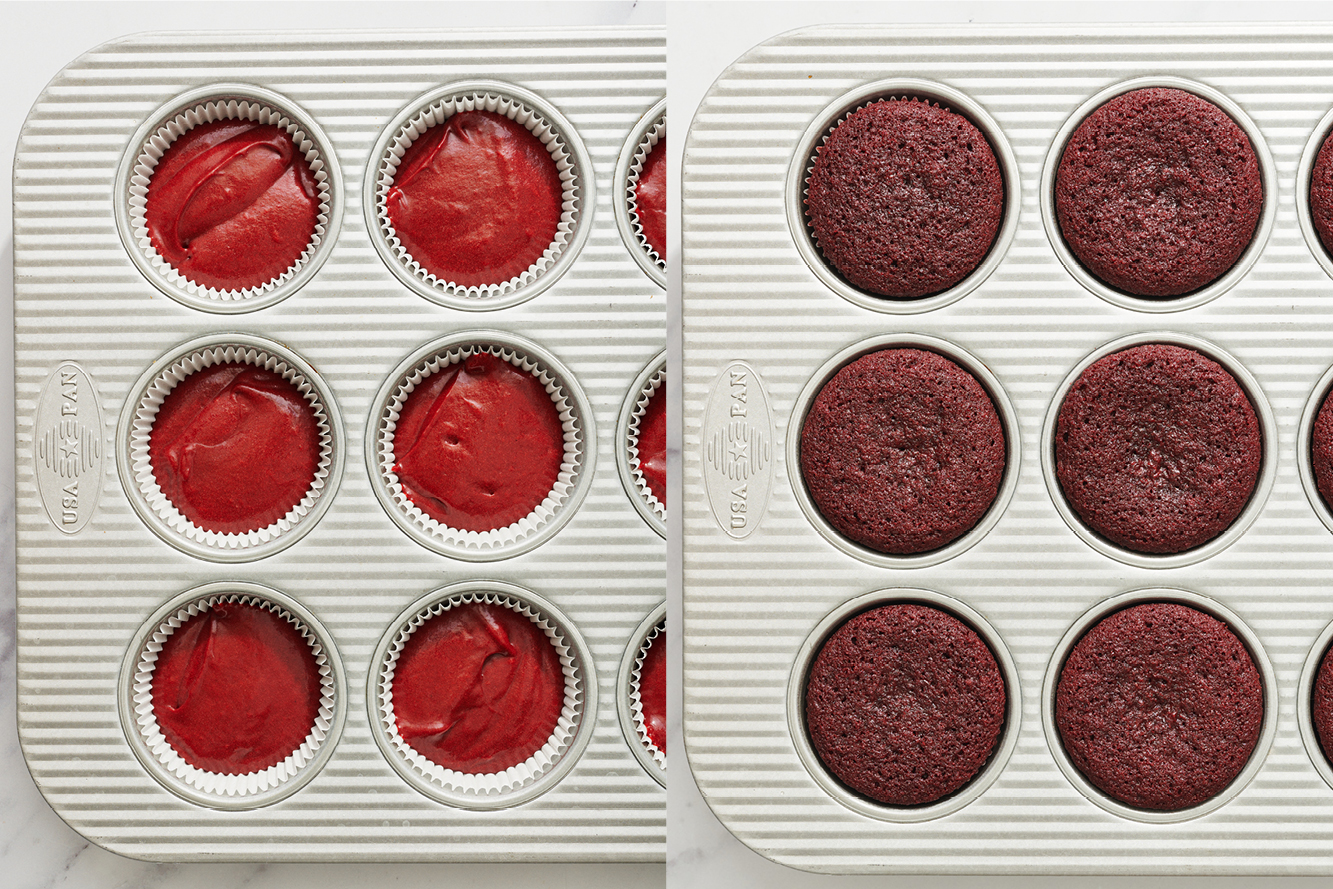 two pans of red velvet cupcakes side-by-side - the first is pre-baking and the second is post-baking.