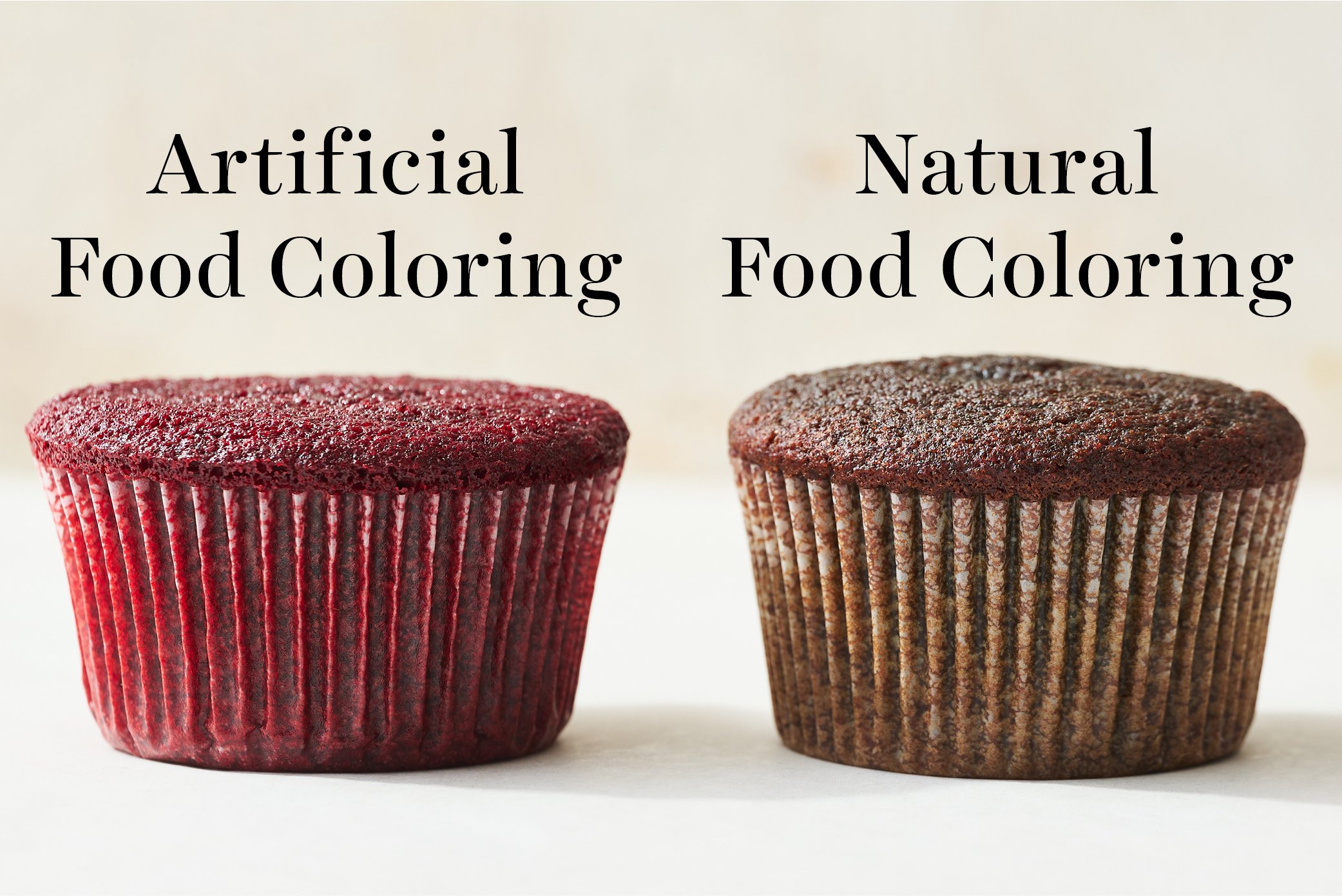 comparison of red velvet cupcakes made with artificial food coloring vs. natural food coloring.