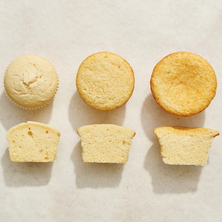 cupcakes in order from left to right: cupcakes made with 50% sugar, 100% sugar, and 125% sugar