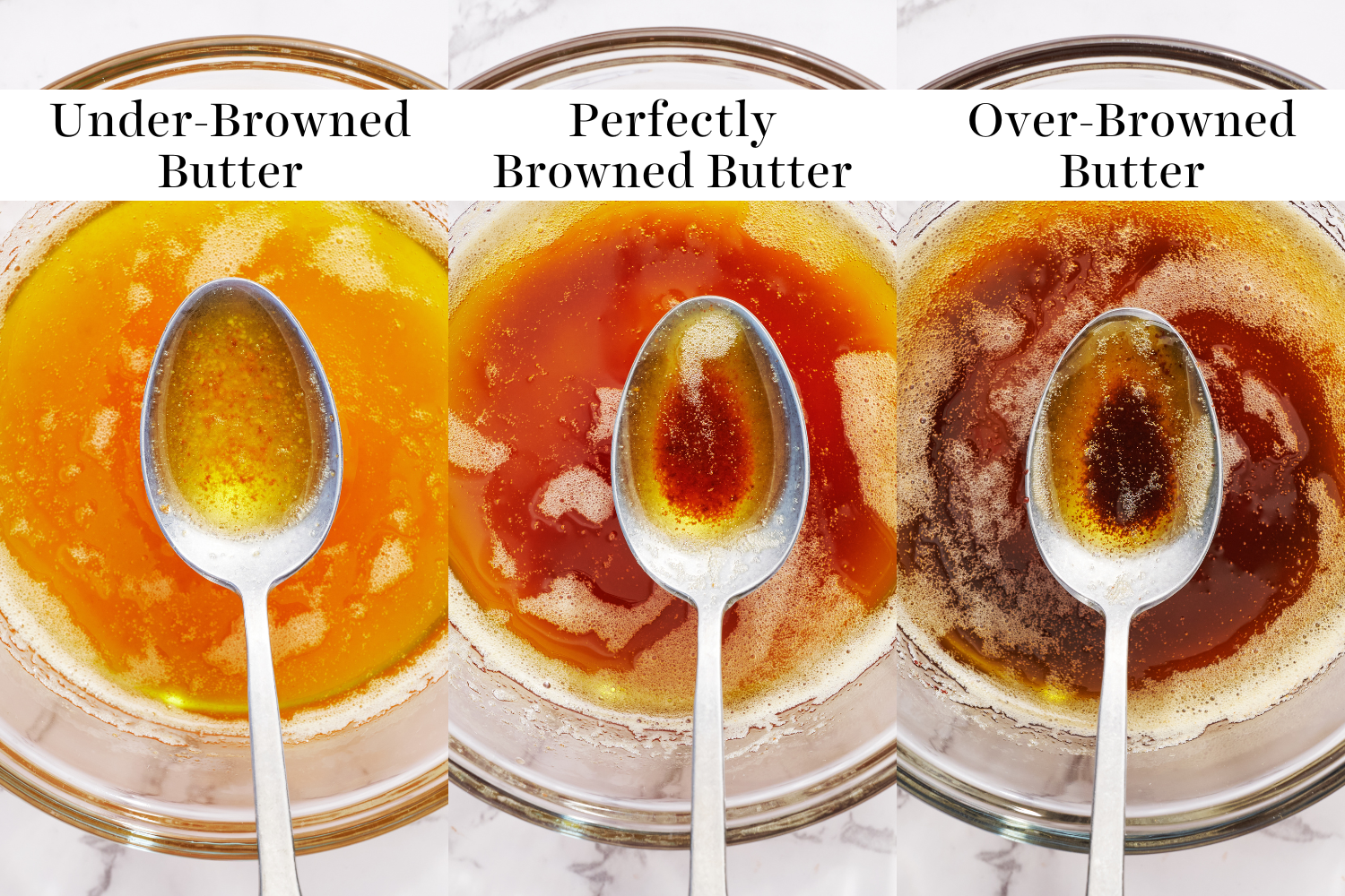 comparison of side-by-side bowls on browned butter, one underdone, one perfect, and one burnt.